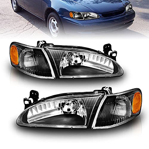 AmeriLite Crystal Headlights Black Amber with Corner Light for Toyota Corolla - Passenger and Driver Side AmeriLite Crystal Headlights Black Amber with Corner Light for Toyota Corolla - Passenger and Driver Side