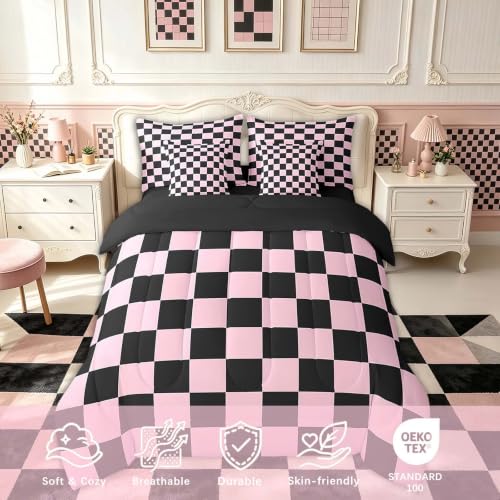 Image of Feelyou Checkered 7 Piece Bedding Set Teen Pink Black Plaid Comforter Set with Sheets Full Size Kids Boys Cute Retro Neutral Checkerboard Geometric Bed in a Bag Vintage Aesthetic Room Decor