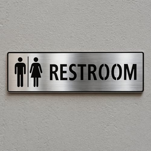 Image of Premium Brush Steel Finish Acrylic Restroom Door Sign 10 X 3 INCH Easy to Mount Self-Adhesive Tape Signage for Hotel Office Corporate Business Resort Society