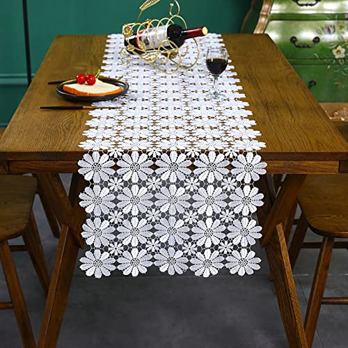 Chemin de table de Noël blanc en polyester avec dentelle creuse 40x310 cm