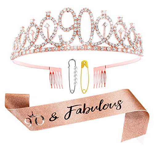 Abeillo 90th Birthday Sash and Tiara Kit - Rose Gold 90& Fabulous Sash and Rhinestone Crown 90th Birthday Gift for Women Happy 90th Party Decorations