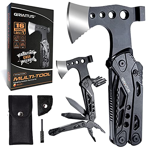 Camping Multitool Accessories Gifts for Men Dad 16 in 1 Upgraded Multi Tool Survival Gear with Axe Hammer Pliers Saw Screwdrivers Bottle Opener Whistle & Portable Sheath for Hiking,Fishing