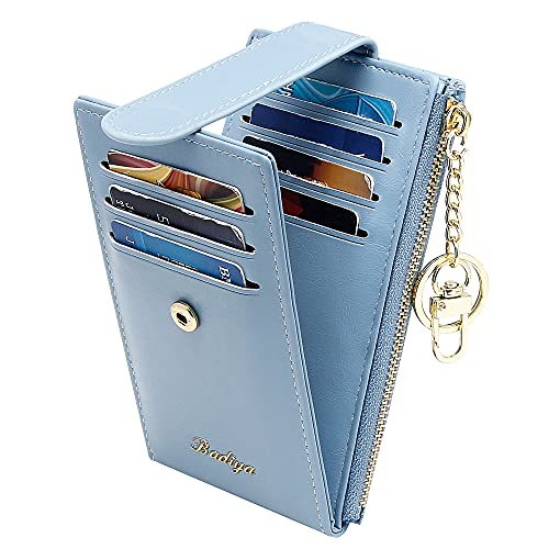 Badiya RFID Card Holder Wallet for Women Slim Wallets Bifold Multi Card Case Zipper Coin Purse, Oil Wax-Blue & Key Chain, one_size, Rfid Wallet