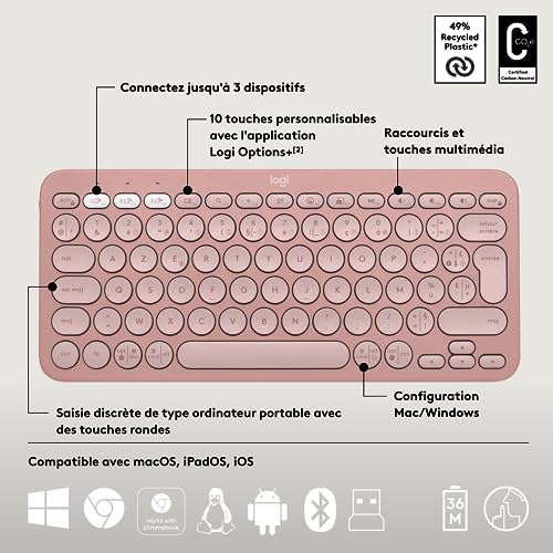 Logitech Pebble Keys 2 K380s Clavier sans Fil Bluetooth FR AZERTY Pebble Mouse 2 M350s Wireless Bluetooth - Rose