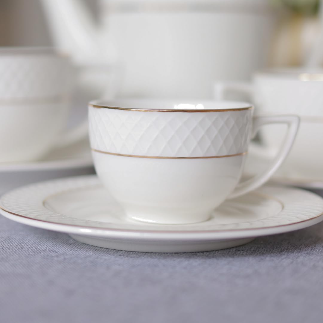 Wilmax - Tazze con piattini - motivo dorato - set da 6-90 ml - tazze da caffè in porcellana - bianco - servizio da tavola per 6 persone - set di tazze per caffè, tè, dessert