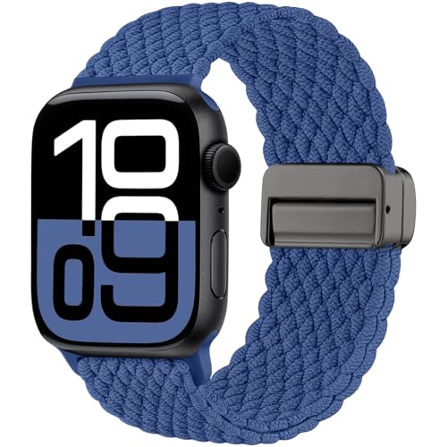 Maledan Braided Strap Compatible with Apple Watch Strap 44mm 45mm 46mm 49mm 42mm - Series 3 2 1, Nylon Stretchy Magnetic Sport Band for iWatch Strap Series 11 10 9 8 7 6 5 4 3 2 1 SE Ultra, Blue-N