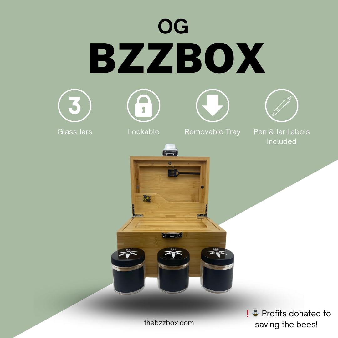 BzzBox Decorative OG Stash Box - Bamboo, Lockable, with 3 Jars for