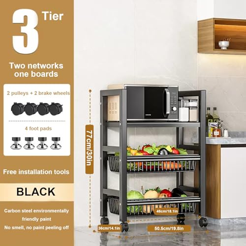 Carrello da Cucina con Ruote, Carrello per microonde con Contenitore - Scaffale da Cucina, Ripiani e Ripiani Regolabili, Ripiani in Metallo robusti con Ruote, Carrello per Frutta e Verdura