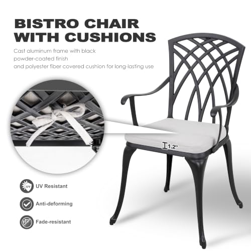 Image of NUU GARDEN 3 Piece Bistro Table Set Cast Aluminum Outdoor Patio Furniture with Umbrella Hole and Grey Cushions for Patio Balcony, Black