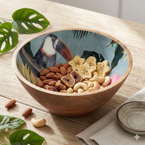 Image of SAAGA Printed Mango Wood Serving Bowl - 10 x 4 Inch Handcrafted Round Wooden Bowl | Food-Grade Finish for Noodles, Soups, Curries & Snacks - Tourmaline Finish
