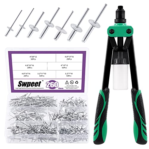 Swpeet 261 Pistolas de Remache Pop de 3/16 Pulgadas 1/8 Pulgadas 5/32 Pulgadas M3.2/4/4.8 de 13 Pulgadas y 3 Cabezales de Remache Intercambiables con Brida Grande de Aluminio, Kit Surtido de Ciegos