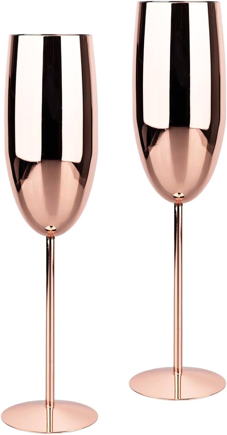 Champagne Glasses Stainless Steel Set of 2, 8.5oz Champagne Flutes-Elegant Wedding Unbreakable Wine Cups Gifts for Bride Groom, Lightweight for Party Travel Christmas Birthday