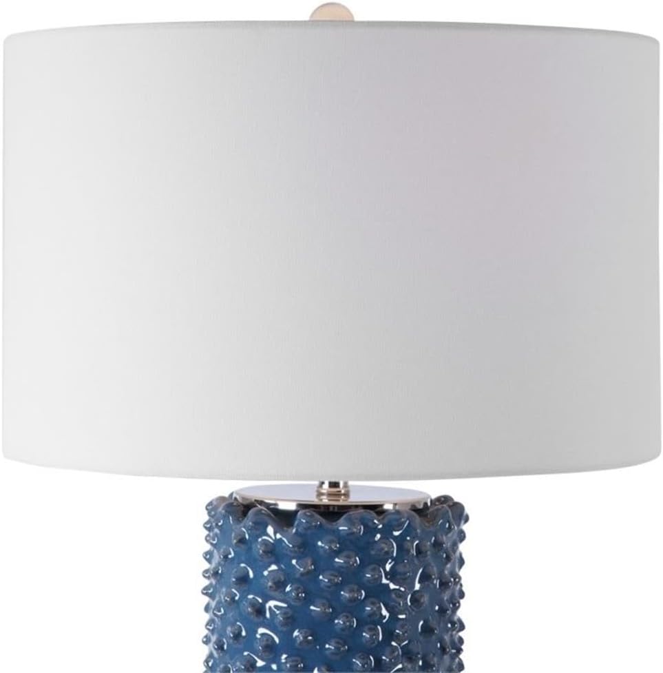 BOWERY HILL Contemporary Ceramic Table Lamp, 29.5 in Height, Deep Indigo Glaze with Brushed Nickel Accents, White Fabric Drum Shade, Coastal Style Lighting for Living Room or Bedroom