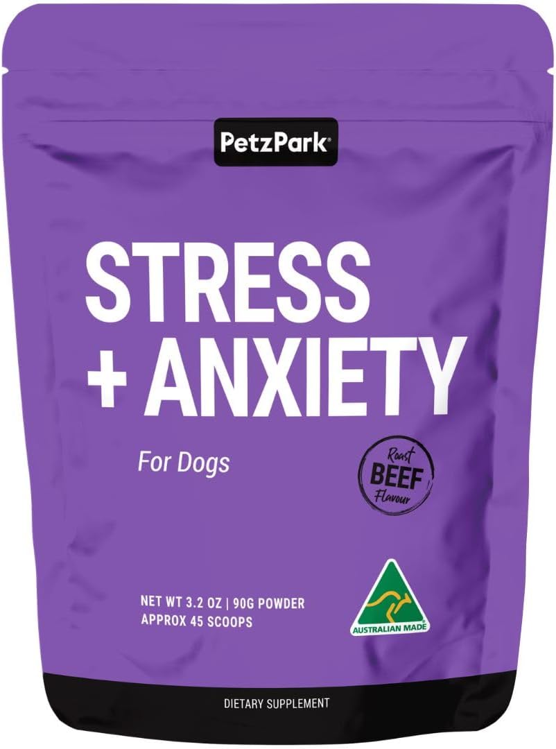 Petz Park Stress + Anxiety Dog Calming Supplement 45 Scoops, Anxiety Supplement, Dog Calming Supplement for Stress Support, Calming Food Topper for Dry or Wet Food, Made in Australia, 3.2oz Powder