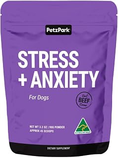 Petz Park Stress + Anxiety Dog Calming Supplement 45 Scoops, Anxiety Supplement, Dog Calming Supplement for Stress Support, Calming Food Topper for Dry or Wet Food, Made in Australia, 3.2oz Powder