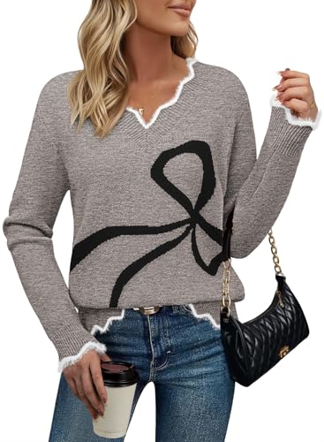 Pink Queen Women 2025 Chic Bow Sweater V Neck Long Sleeve Pullover Knitted Casual Jumper Tops2