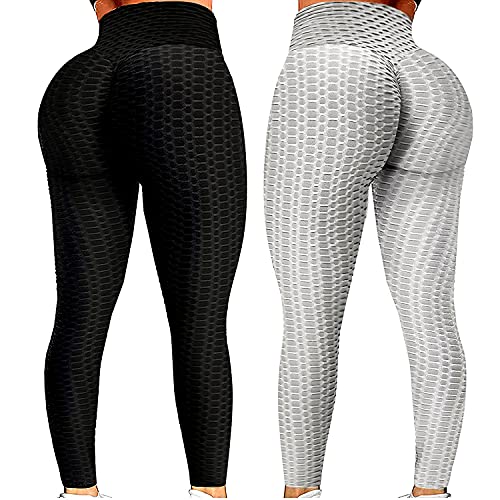 Leggings for Women,2pack Lifting Anti Cellulite High Waisted Women’s Yoga Pants,Workout Running Tummy Control Sport (Black+Grey, L)