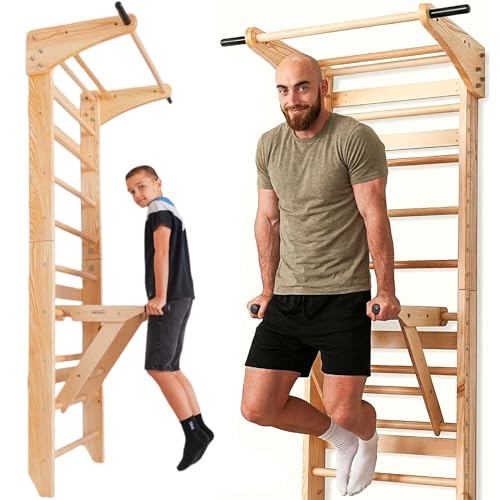 ARTE WIC Swedish Ladder Wall Bars for Exercise with Pull-Up Bar & Dip Station – Wall Mounted Wooden Stall Bars Home Gym for Adults & Kids, Strength Training Wall Workout Equipment, Supports Up to 330 lbs
