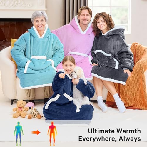 JOYWOO Navy Kids Wearable Blanket Hoodie, Oversized Cat lovers Hoodie Blanket for kids & Teens,Birthday Gifts for Girl Boys,Warm Cozy Fuzzy Sherpa Fleece Sweatshirt Blankets with Giant Pocket Gifts