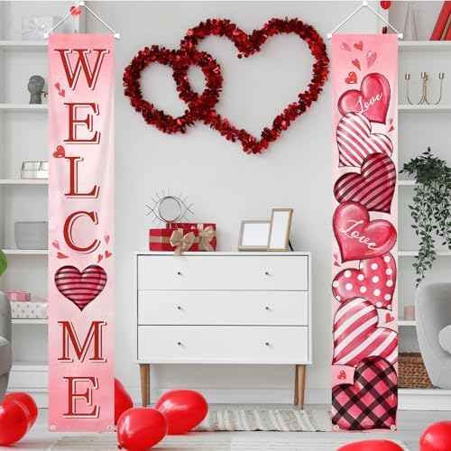 MEHOFOND 2 Pcs Valentine's Day Porch Banner Welcome Heart Valenti...