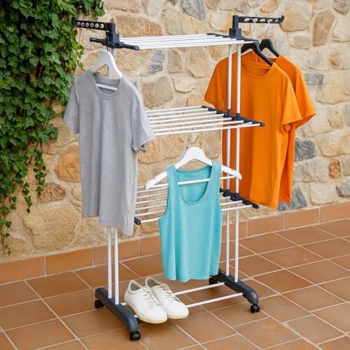 Miniatura 2 de T-Lovendo.Es Tendedero Vertical Plegable De Alta Capacidad De Ropa - 4 Niveles Con Barras De Acero Inoxidable Con Dos Alas Laterales Amplio Espacio Para Secar. Ruedas Incluidas. Gris.
