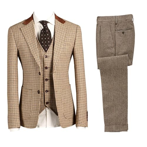 Retro 3 Piece Brown Tweed Herringbone Wedding Suits Regular Fit Blazer Vest Pants Set for Prom Dinner Business