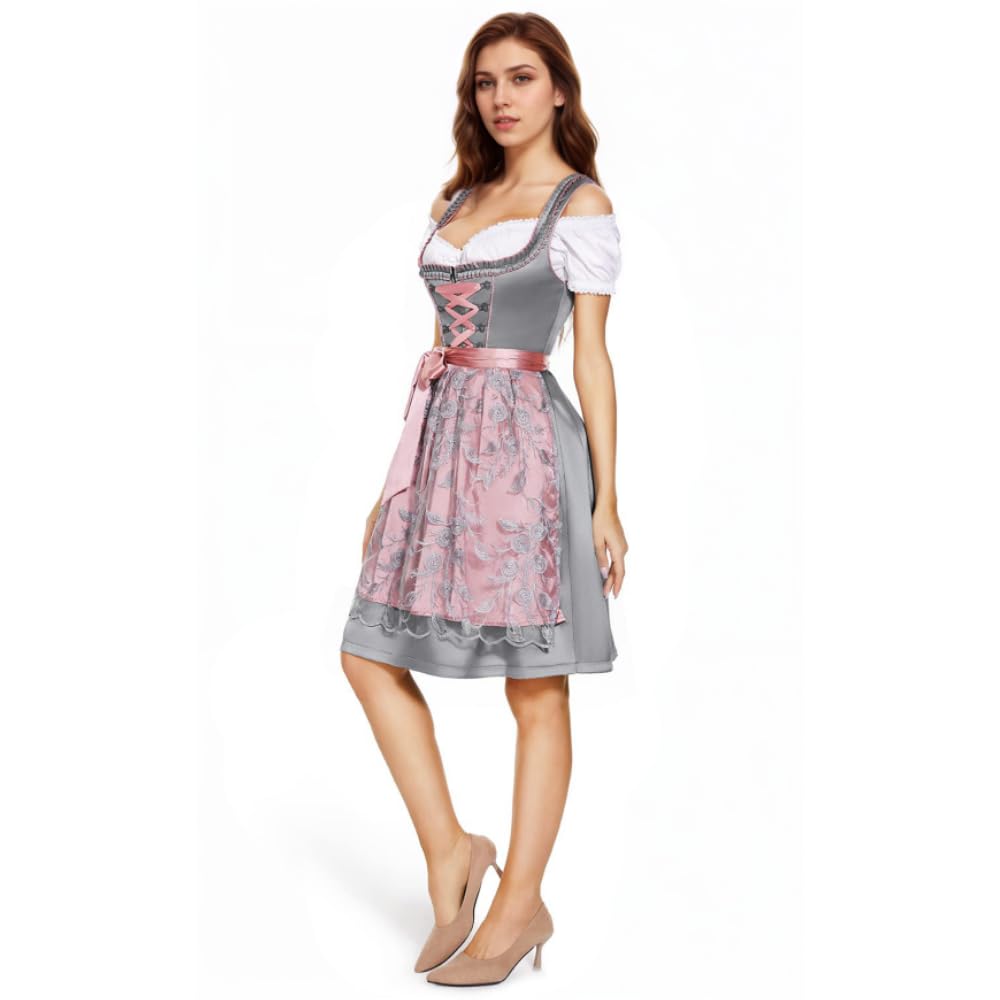 Dirndl Damen Midi Lang Dirndl Trachtenkleid Damen Dirndlkleid mit Spitze Trachtenmode inkl Dirndlbluse Dirndlschürze 3 teilig für Oktoberfest Karneval Besondere Anlässe