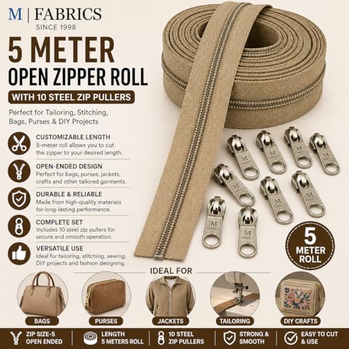 Image of M Fabrics 5 Meters Open Zipper with 10 Steel Zip Puller in Meter for Tailoring, Stitching, Bags and Purse (Open Ended Zip) - (5 Meter Roll + 10 Steel Zips Runner) - (Beige)