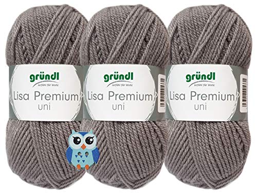 Gründl Lisa Premium Uni - Hilo de ganchillo (3 ovillos de 50 gramos, 100% poliacrílico, hilo escolar + 1 botón de búhos (24 gris)