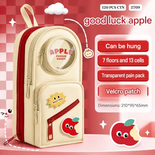 Image of WORSHIPER Cute Backpack Style Pencil Case with Visible Display Window, Multi-Layer Large Capacity Stationery Organizer for Kids & Students (Apple Foodie-CREEM Pouch)