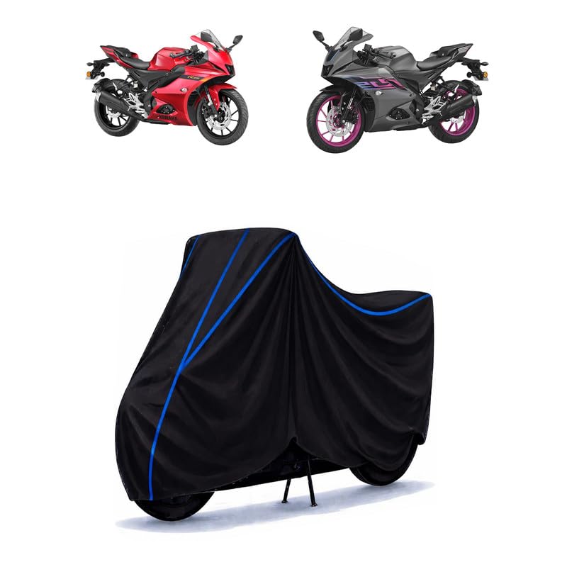 Image of YZF R15 BS6 Bike Cover Water Resistant Universal Motorcycle Rain | Heavy Duty UV Protection, Dust, Scratch Indoor Outdoor All Weather with Black Blue Piping Elastic