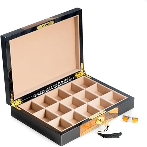Bey Berk - Caja de madera lacada negra con 15 secciones divididas