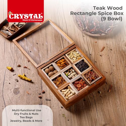 Image of Crystal Teak wood Table Top Masala Dabba /Spice Box | Spice Box with 9 compartments /sections | Handcrafted wooden Box | Non Removable Partitions, Brown