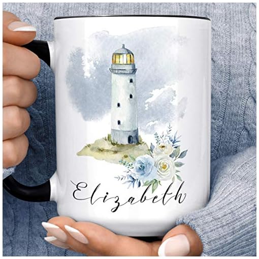 Watercolor Coastal Lighthouse with Flowers Personalized Ocean Coffee Mug | Custom Name Microwave Dishwasher Safe Ceramic Cup