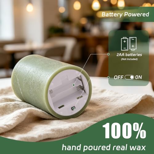 Image of Olive Green Flameless Pillar Candles, Real Wax LED Candles with Remote & Timer, Battery Operated Decorative Candles for Aesthetic Home Decor, Set of 4