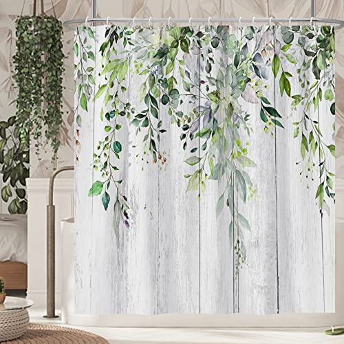 Ttincceer Leaves Shower Curtain, Watercolor Weeping Leaves Tree Floral Bathroom Curtain, Spring Natural Plant Herb Eucalyptus White Plank Shower Curtain Set With 12 Hooks For Bathroom, 72" Wx72 L #TOP6