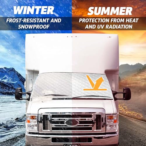Image of EcoNour RV Windshield Cover for Ice and Snow | Ford E450-Compatible with Class C RV Ford (1997-2025) | RV Snow Covers for Windshield & Side Window with Mirror Cut-Outs | XXX-Large