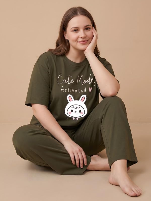 Image of My Swag Womens Nightsuit Set | Cute Bunny Graphic Print T-Shirt & Pajama | Soft Breathable Sleepwear and Loungewear Co-Ord Set for Women