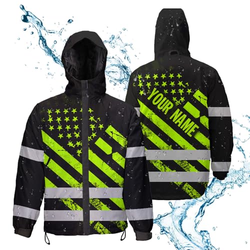 HiVis Custom Hi Vis Jacket Waterproof And Windproof Reflective Green Black USA Flag For Men, Construction Workwear For Workers, Truckers, Operators, Patriotic-S