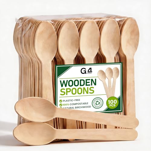G4GADGET 100x Wooden Spoons - Disposable Spoon Biodegradable Birch Wood Utensils for Parties Picnics Weddings BBQs and Events