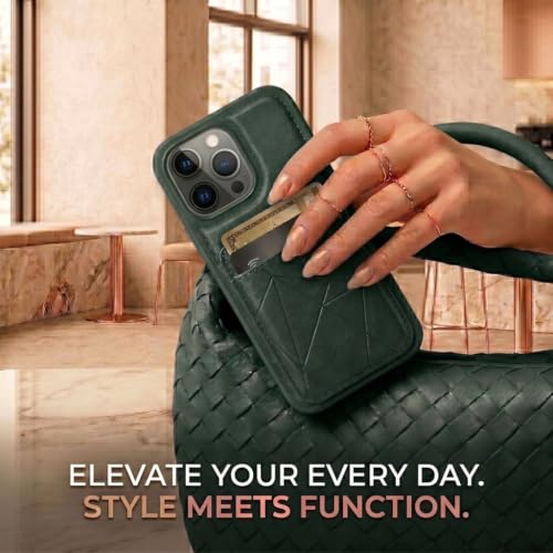 Image of amazon basics Premium Vegan Leather Back Cover with Card Holder and Integrated Mobile Stand for iPhone 12 Pro Max - Slim Shockproof Wallet Case with Geometric Stitching [Green]