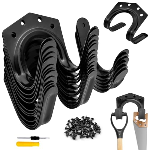 GZcaiyun 18 Stk Gartengerätehalter Haken, Einzelhaken/Doppelhaken Gerätehalter für Garage, Garten, Fahrradschuppen mit 54 Schrauben, 1 Schraubendreher (Schwarz)