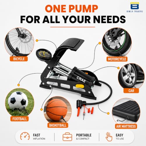 Image of CRAE Professional Foot Operated Air Pump | High-Pressure Manual Tyre Inflator with Gauge for Car, Bike & Cycle.