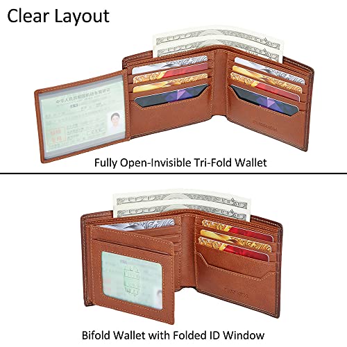 VANNANBA Bifold Front Pocket Wallets, Full Grain Leather Large Capacity Wallet with 2 ID Windows, 11 Card Slots, 2 Cash Pockets & RFID Blocking,Gift for Men(Brown)4