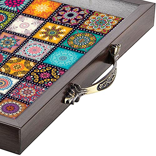 Image of Printelligent Wooden Serving Tray for Serving with Handle, Table Decoration,Coffee Table, Food, Tea, Ottoman, Restaurant Size (12 Inches x 12 Inches, Brown) (K)