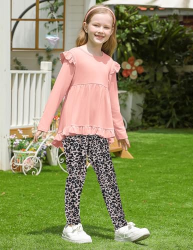 Image of Yekaty Girls Clothes Ruffle Shoulder High Low Hem Long Sleeve Top and Floral Pants 2 Piece Fall Outfits Clothing Set