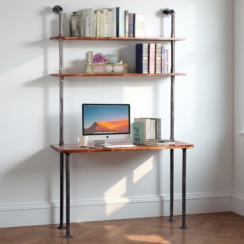 LOKKHAN 79-inch Industrial Laptop Desk Solid Wood Computer Desk Wall Pipe Desk with Shelves Computer Table for Home Office (L:47.3-inch)