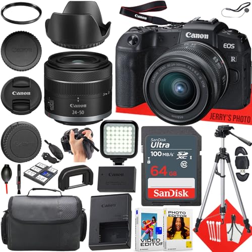 Canon EOS RP Mirrorless Camera with Canon RF 24-50mm f/4.5-6.3 is STM Lens + 64 GB Memory + LED Light + Camera Case + Hood + Tripod + More (23pc Bundle) (Renewed)