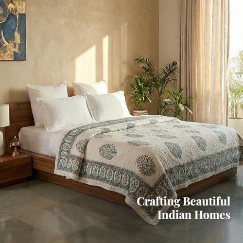 Image of Peepul Tree Single Bed Cotton Malmal Quilt /Dohar | Hand Block Jaipuri Razai | Beautiful Floral Soft, Breathable & Reversible AC Blanket | Made in India (White & Green, 60x90inches)