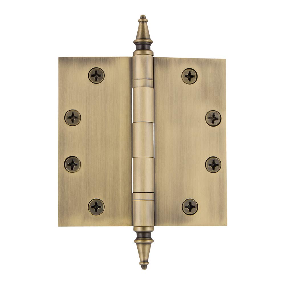 Nostalgic Warehouse 746104 4.5" Steeple Tip Heavy Duty Square Corners Door Hinge, Antique Brass